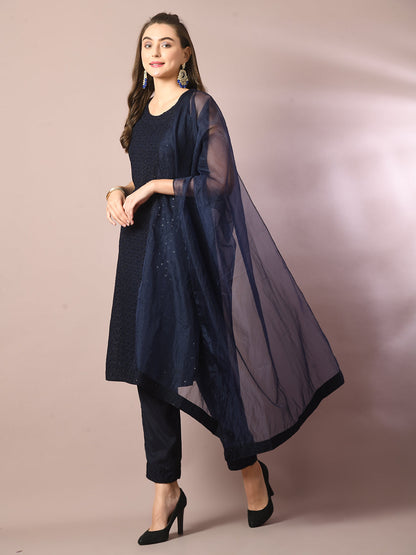 Women's  Navy Blue Embroidered Cotton Straight Party Kurta Sets With Dupatta