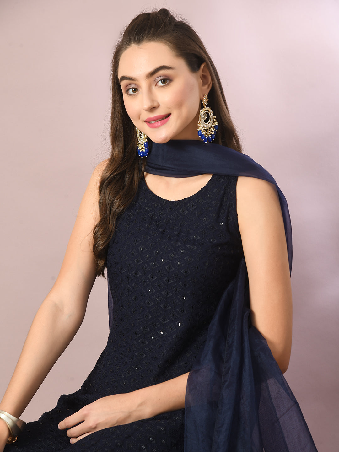 Women's  Navy Blue Embroidered Cotton Straight Party Kurta Sets With Dupatta