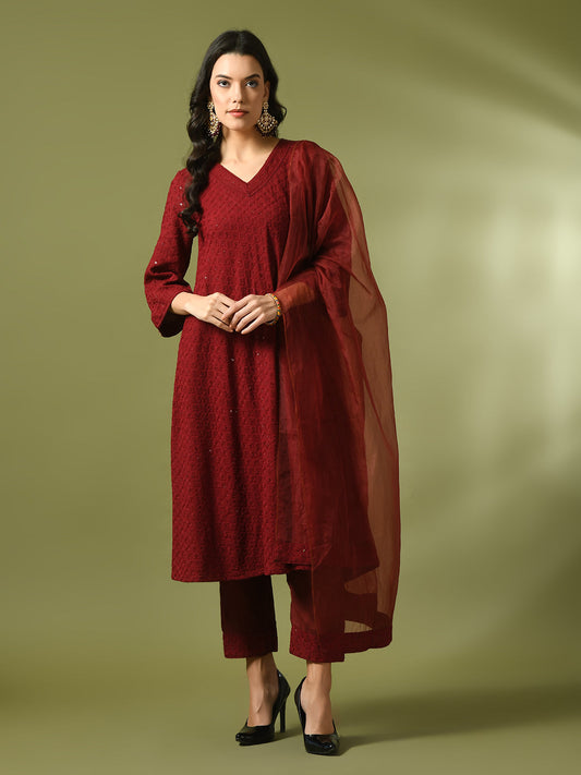 Women's  Maroon Embroidered Cotton A-Line Party Kurta Sets With Dupatta