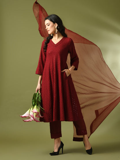 Women's  Maroon Embroidered Cotton A-Line Party Kurta Sets With Dupatta