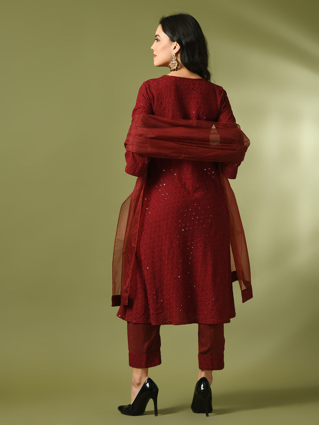 Women's  Maroon Embroidered Cotton A-Line Party Kurta Sets With Dupatta