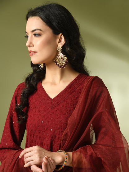 Women's  Maroon Embroidered Cotton A-Line Party Kurta Sets With Dupatta