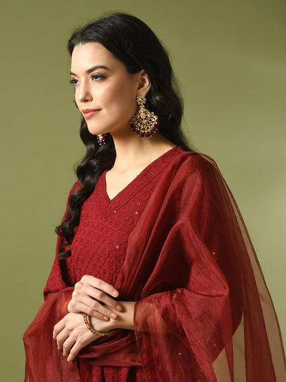 Women's  Maroon Embroidered Cotton A-Line Party Kurta Sets With Dupatta