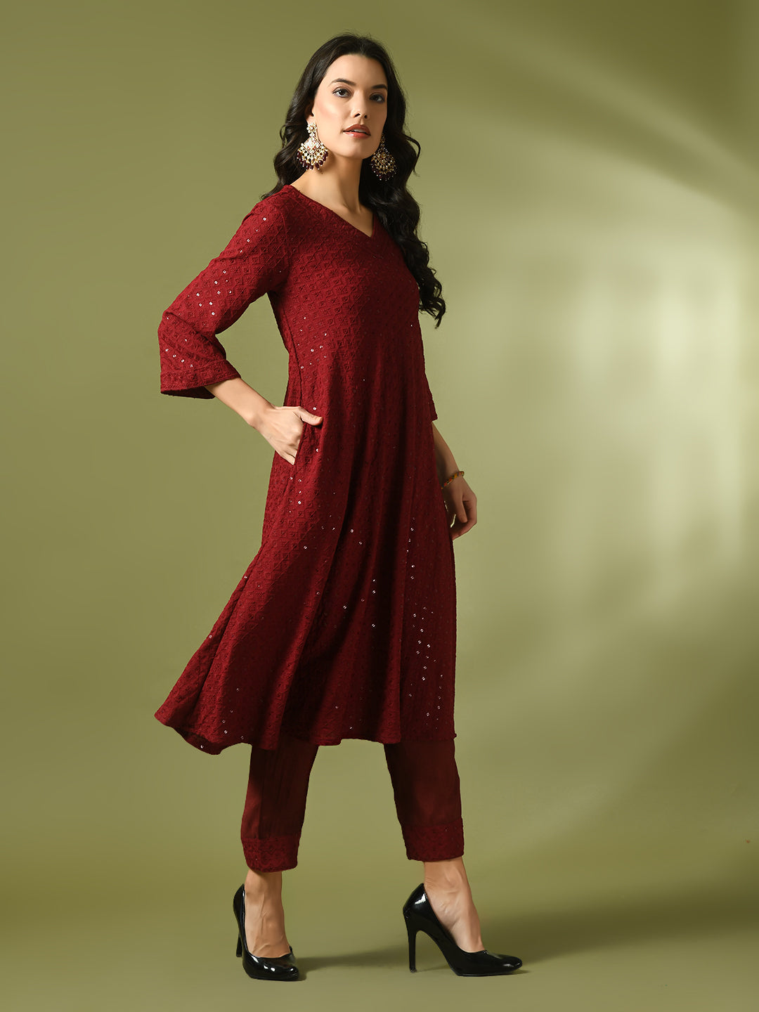 Women's  Maroon Embroidered Cotton A-Line Party Kurta Sets With Dupatta