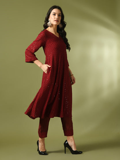 Women's  Maroon Embroidered Cotton A-Line Party Kurta Sets With Dupatta