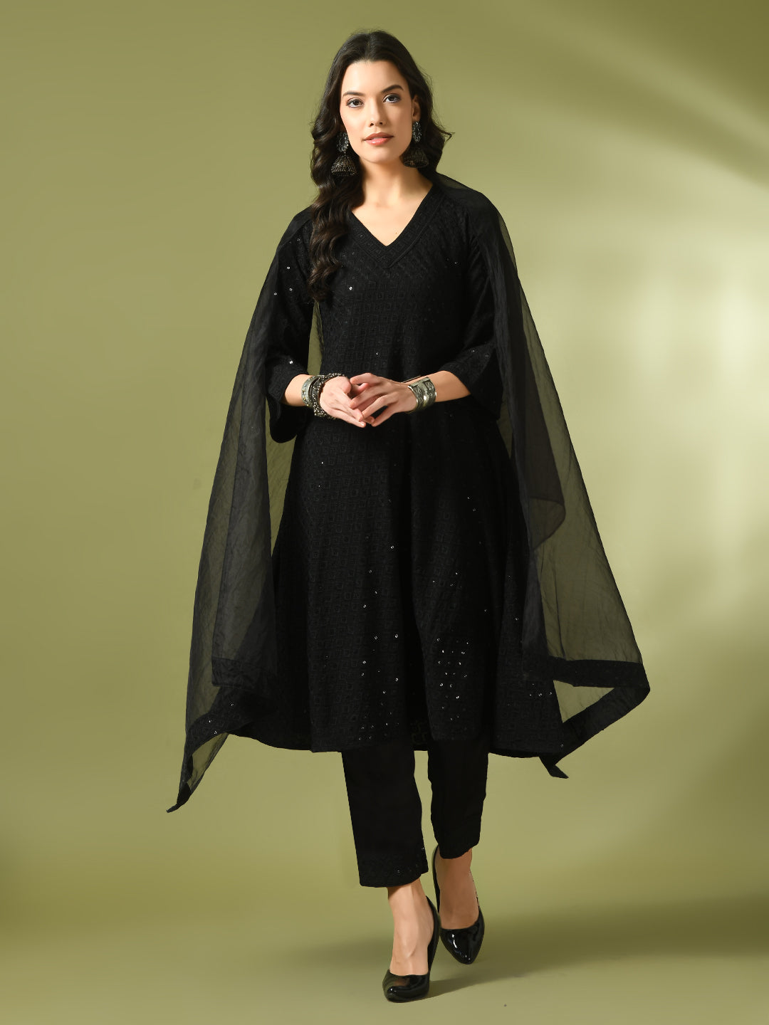 Women's  Black Embroidered Cotton A-Line Party Kurta Sets With Dupatta