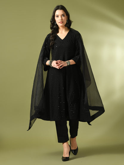 Women's  Black Embroidered Cotton A-Line Party Kurta Sets With Dupatta
