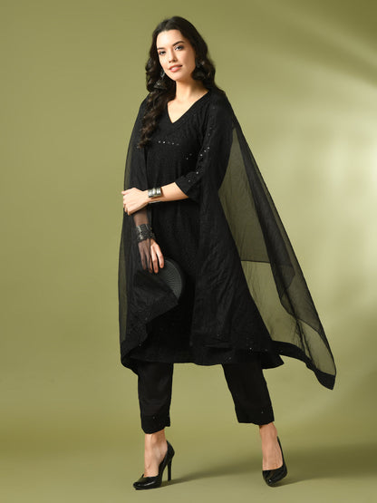 Women's  Black Embroidered Cotton A-Line Party Kurta Sets With Dupatta
