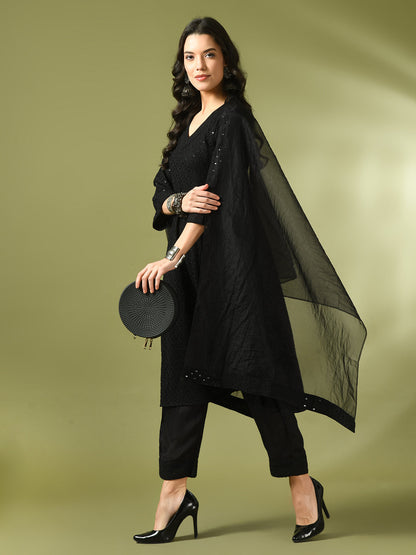 Women's  Black Embroidered Cotton A-Line Party Kurta Sets With Dupatta