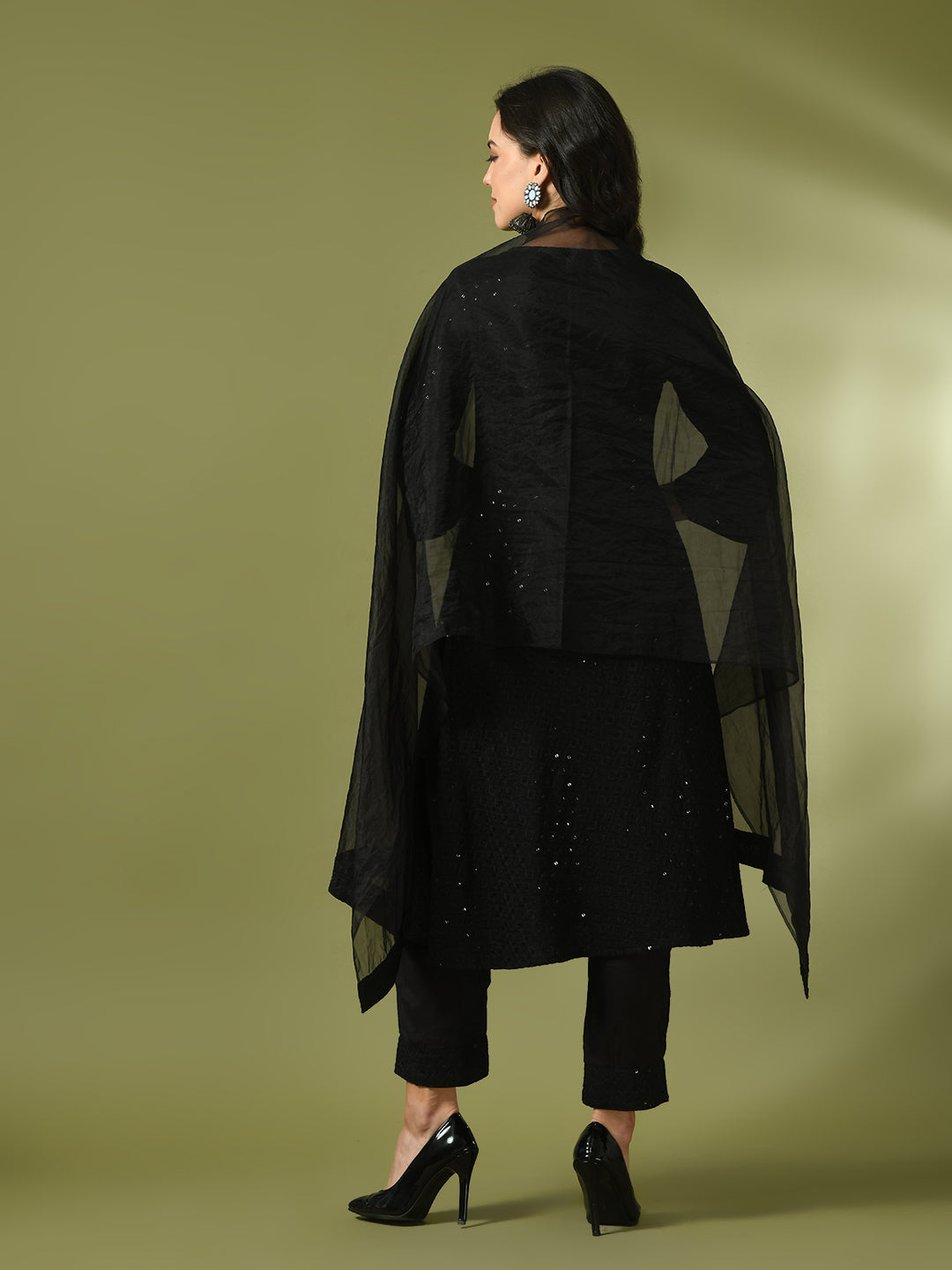 Women's  Black Embroidered Cotton A-Line Party Kurta Sets With Dupatta
