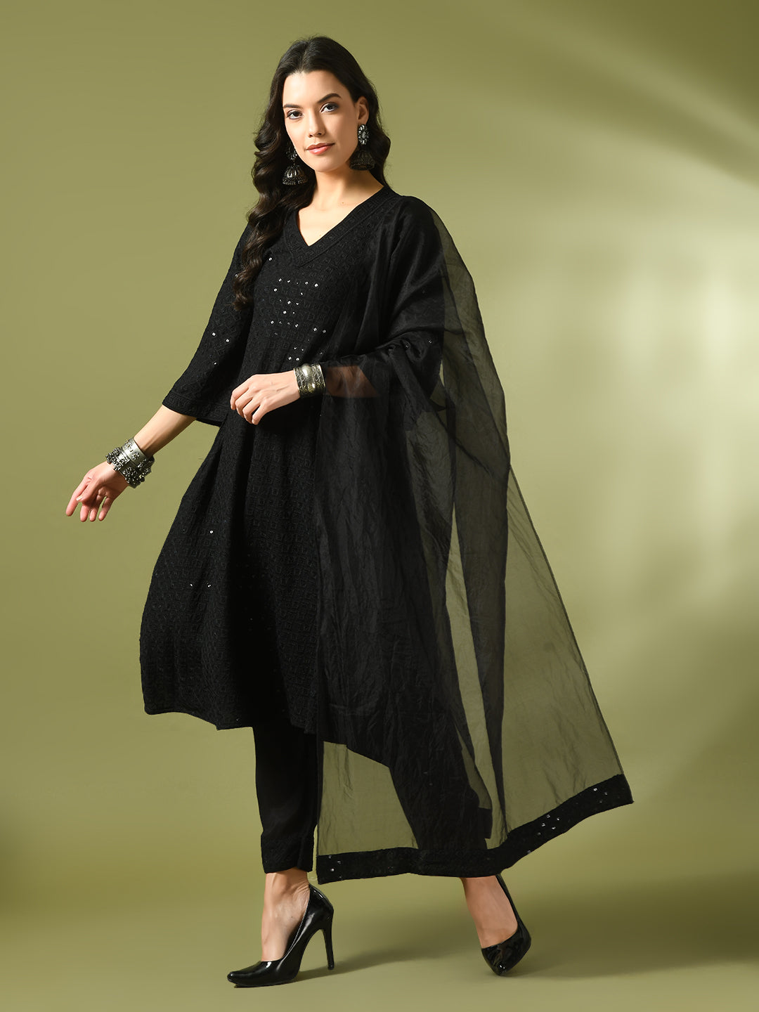 Women's  Black Embroidered Cotton A-Line Party Kurta Sets With Dupatta