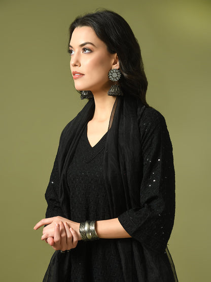 Women's  Black Embroidered Cotton A-Line Party Kurta Sets With Dupatta