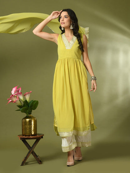 Women's  Yellow Solid Georgette Anarkali Party Kurta Sets With Dupatta