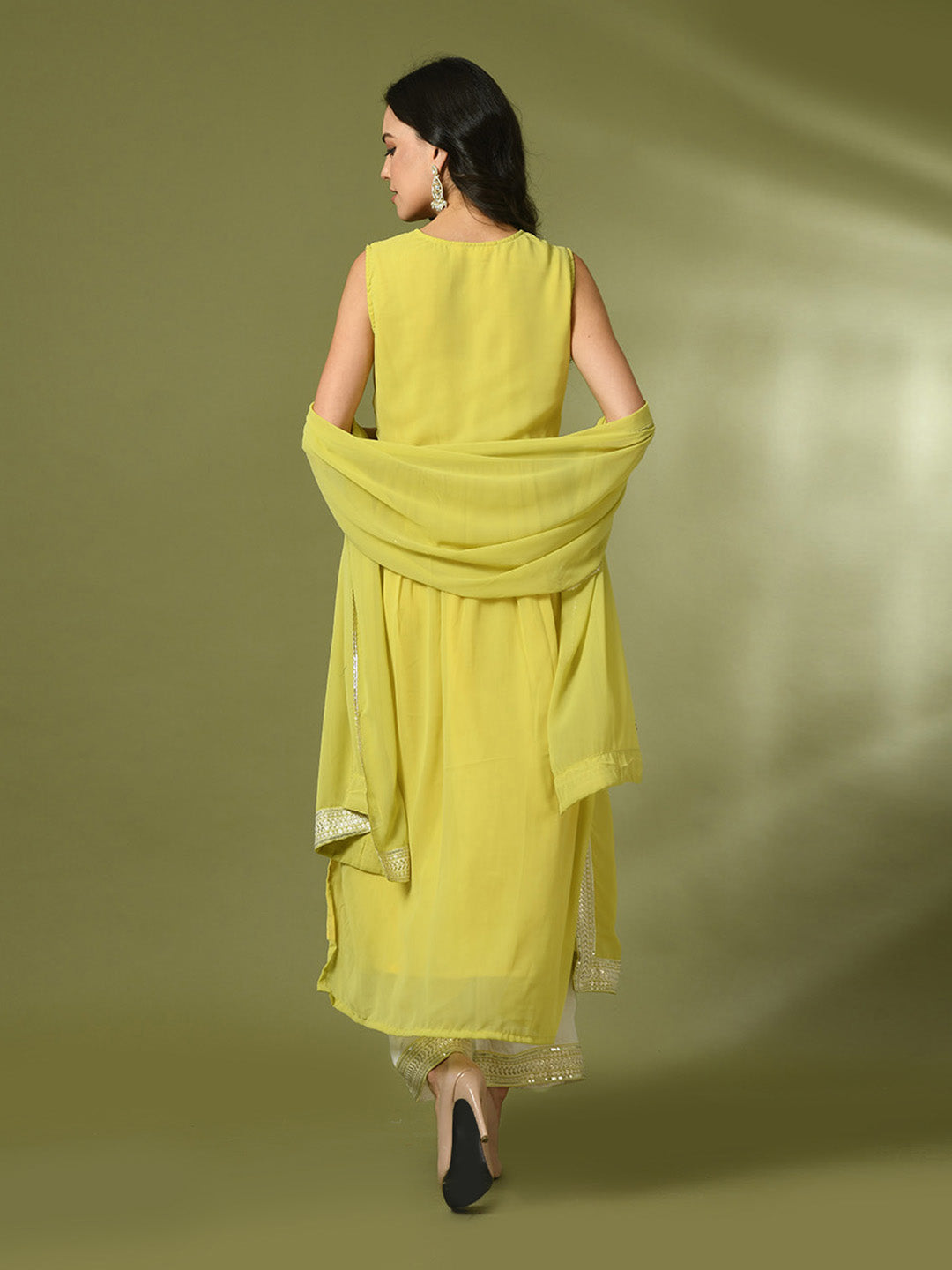 Women's  Yellow Solid Georgette Anarkali Party Kurta Sets With Dupatta