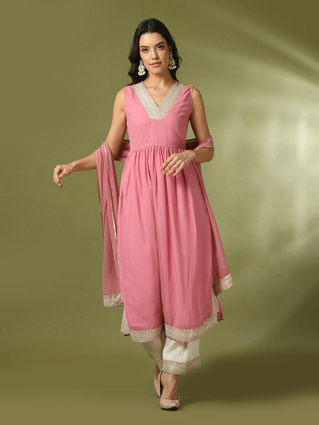 Women's  Pink Solid Georgette Anarkali Party Kurta Sets With Dupatta