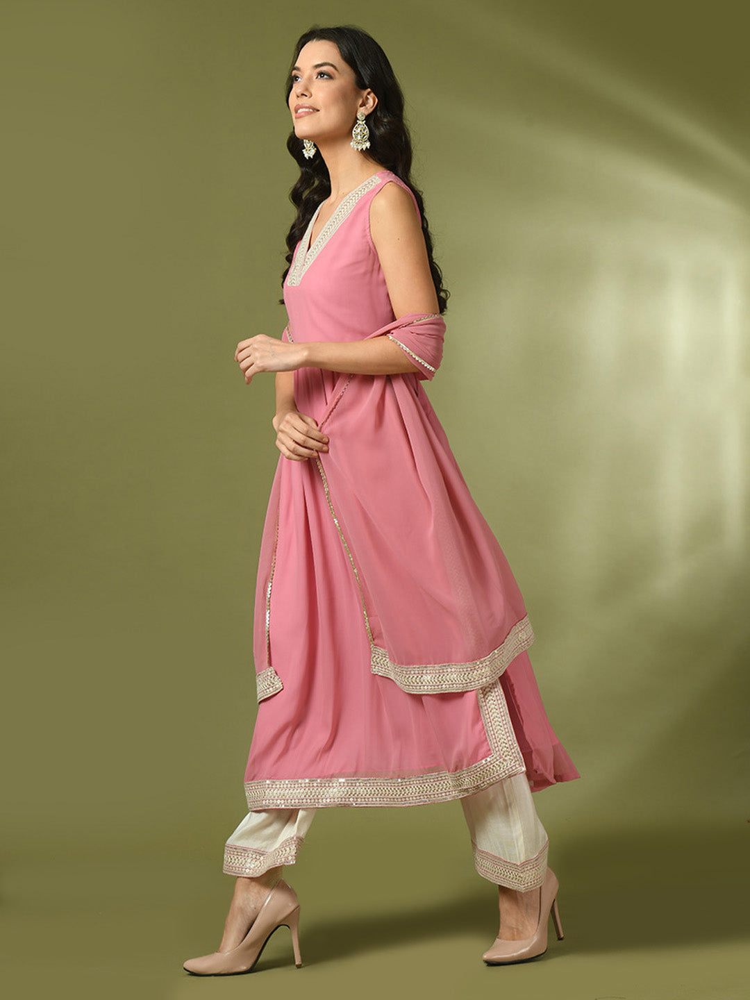 Women's  Pink Solid Georgette Anarkali Party Kurta Sets With Dupatta