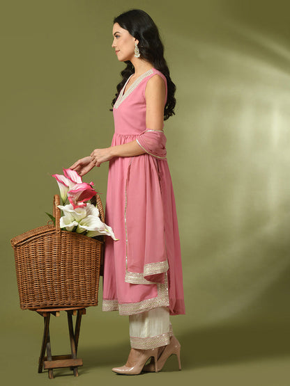 Women's  Pink Solid Georgette Anarkali Party Kurta Sets With Dupatta