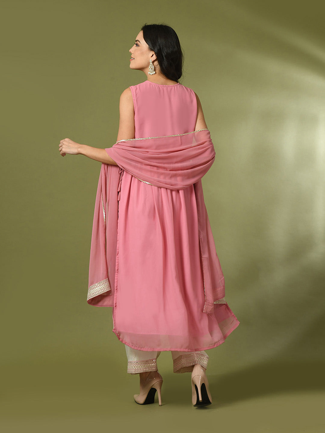 Women's  Pink Solid Georgette Anarkali Party Kurta Sets With Dupatta