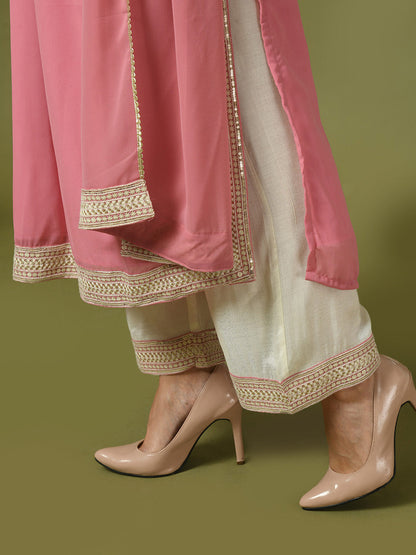 Women's  Pink Solid Georgette Anarkali Party Kurta Sets With Dupatta