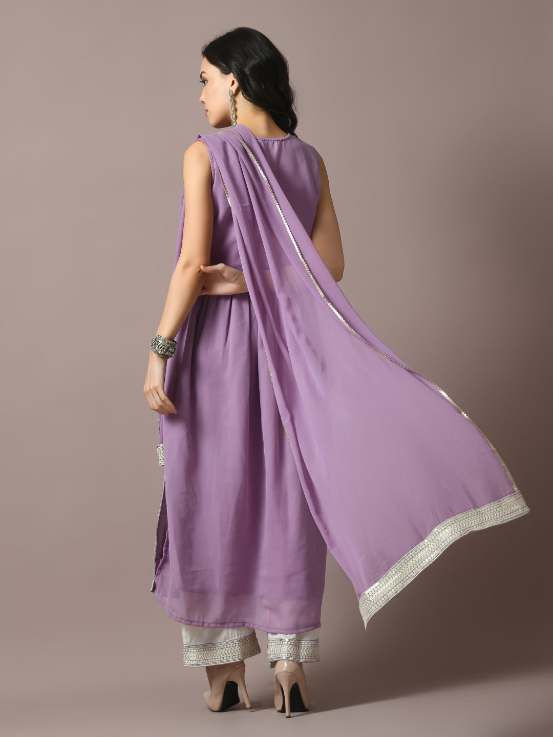 Women's  Lavender Solid Georgette Anarkali Party Kurta Sets With Dupatta