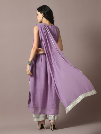 Women's  Lavender Solid Georgette Anarkali Party Kurta Sets With Dupatta
