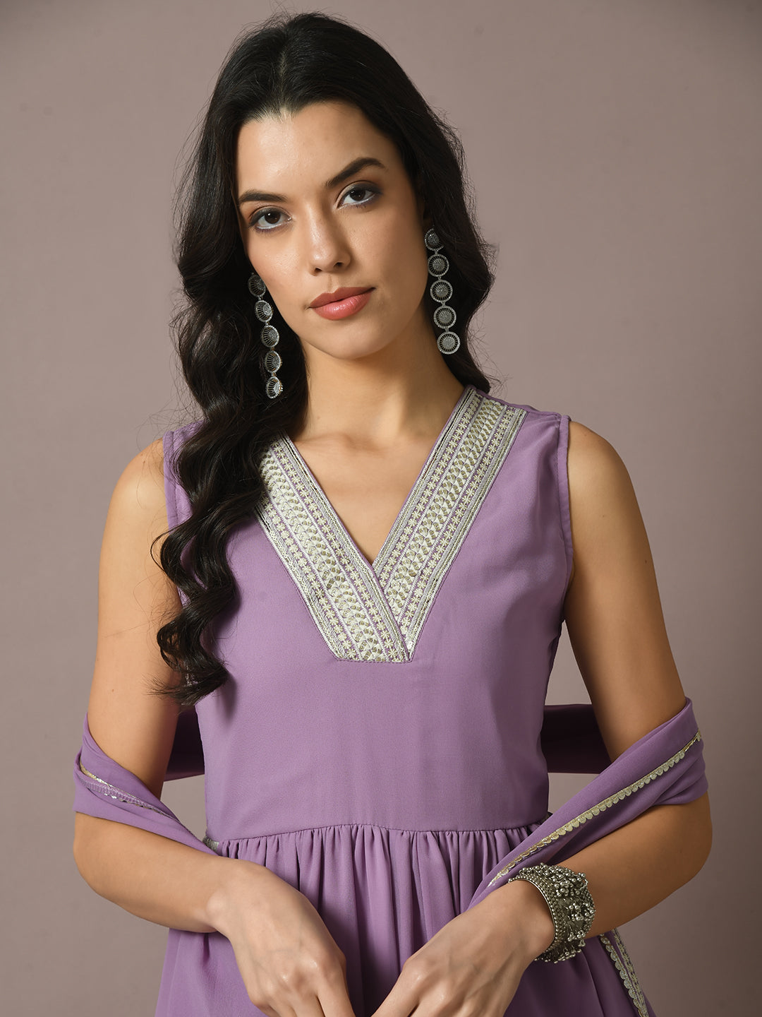 Women's  Lavender Solid Georgette Anarkali Party Kurta Sets With Dupatta