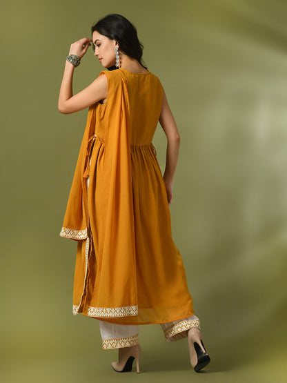 Women's  Yellow Solid Georgette Anarkali Party Kurta Sets With Dupatta