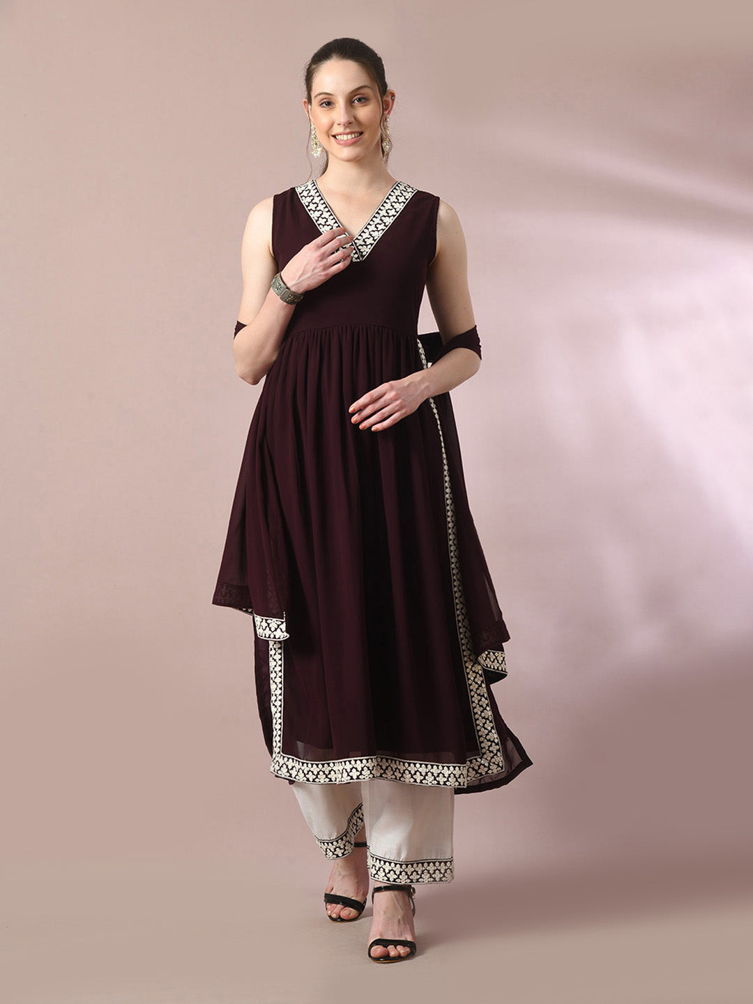 Women's  Coffee Brown Solid Georgette Anarkali Party Kurta Sets With Dupatta