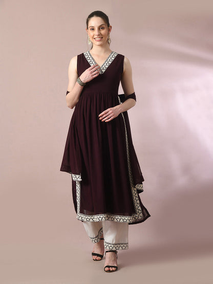 Women's  Coffee Brown Solid Georgette Anarkali Party Kurta Sets With Dupatta