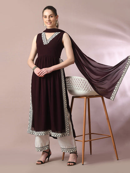 Women's  Coffee Brown Solid Georgette Anarkali Party Kurta Sets With Dupatta