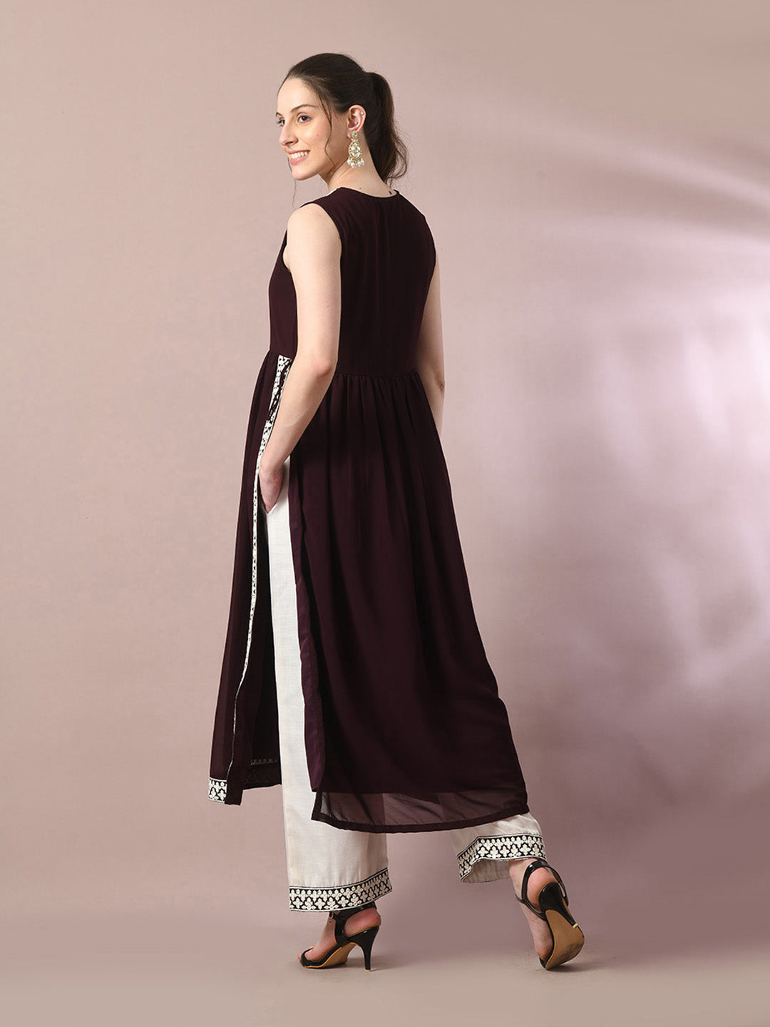 Women's  Coffee Brown Solid Georgette Anarkali Party Kurta Sets With Dupatta