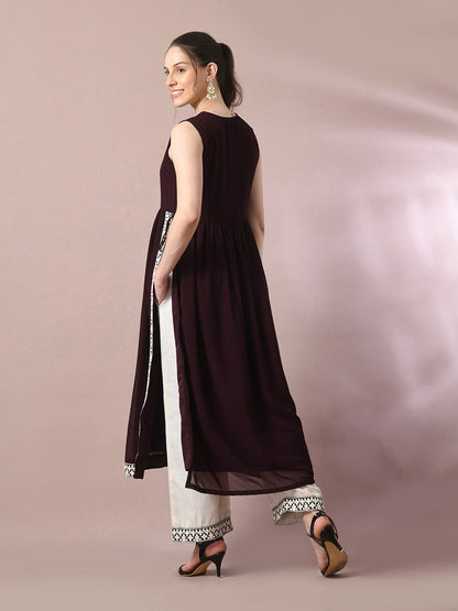 Women's  Coffee Brown Solid Georgette Anarkali Party Kurta Sets With Dupatta