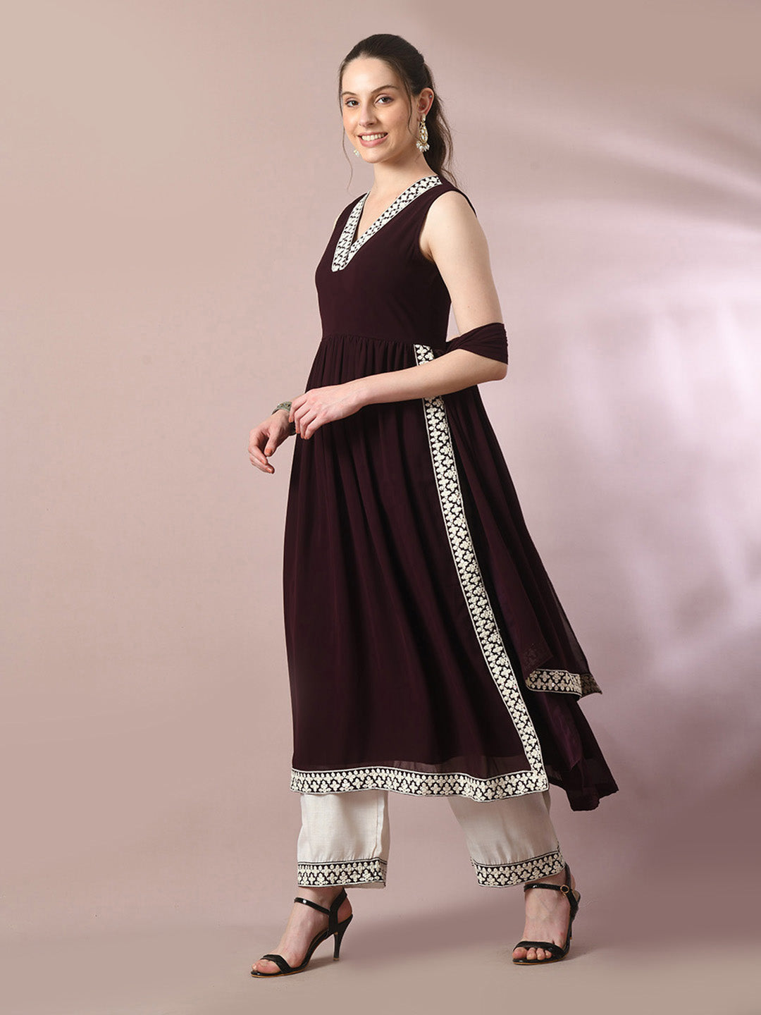 Women's  Coffee Brown Solid Georgette Anarkali Party Kurta Sets With Dupatta