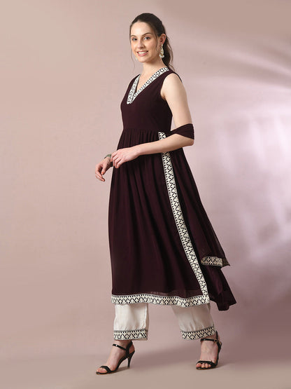 Women's  Coffee Brown Solid Georgette Anarkali Party Kurta Sets With Dupatta