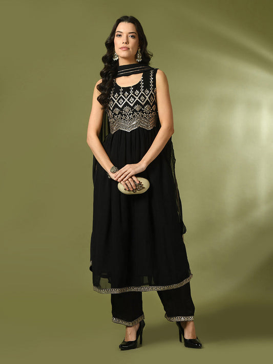 Women's  Black Embroidered Georgette Anarkali Party Kurta Sets With Dupatta