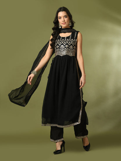 Women's  Black Embroidered Georgette Anarkali Party Kurta Sets With Dupatta