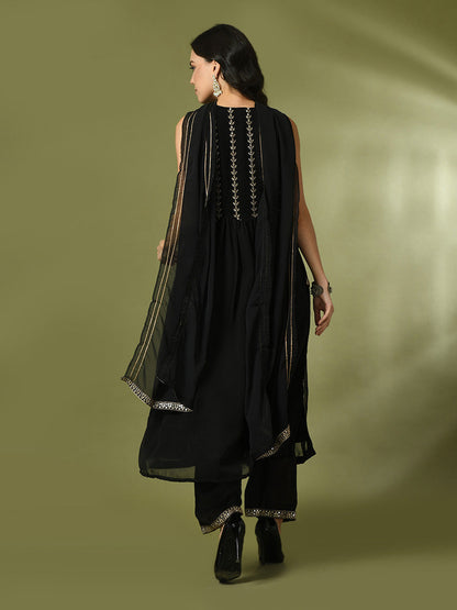 Women's  Black Embroidered Georgette Anarkali Party Kurta Sets With Dupatta