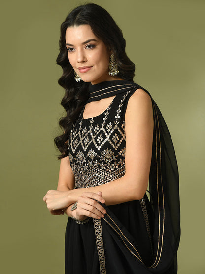 Women's  Black Embroidered Georgette Anarkali Party Kurta Sets With Dupatta