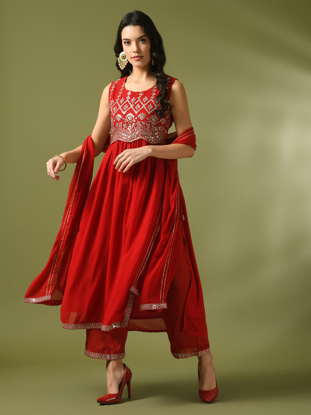 Women's  Red Embroidered Georgette Anarkali Party Kurta Sets With Dupatta