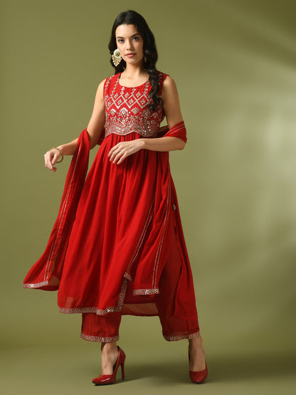 Women's  Red Embroidered Georgette Anarkali Party Kurta Sets With Dupatta