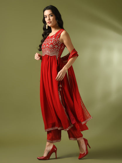 Women's  Red Embroidered Georgette Anarkali Party Kurta Sets With Dupatta