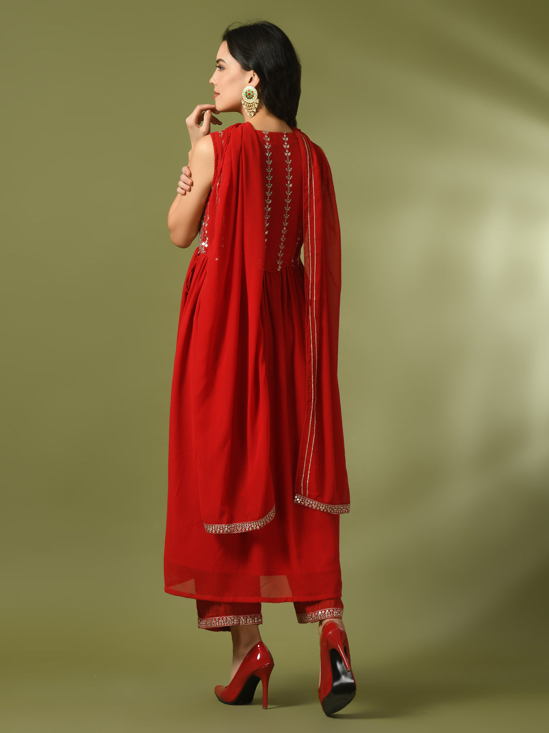 Women's  Red Embroidered Georgette Anarkali Party Kurta Sets With Dupatta