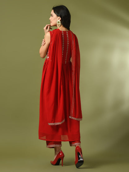 Women's  Red Embroidered Georgette Anarkali Party Kurta Sets With Dupatta