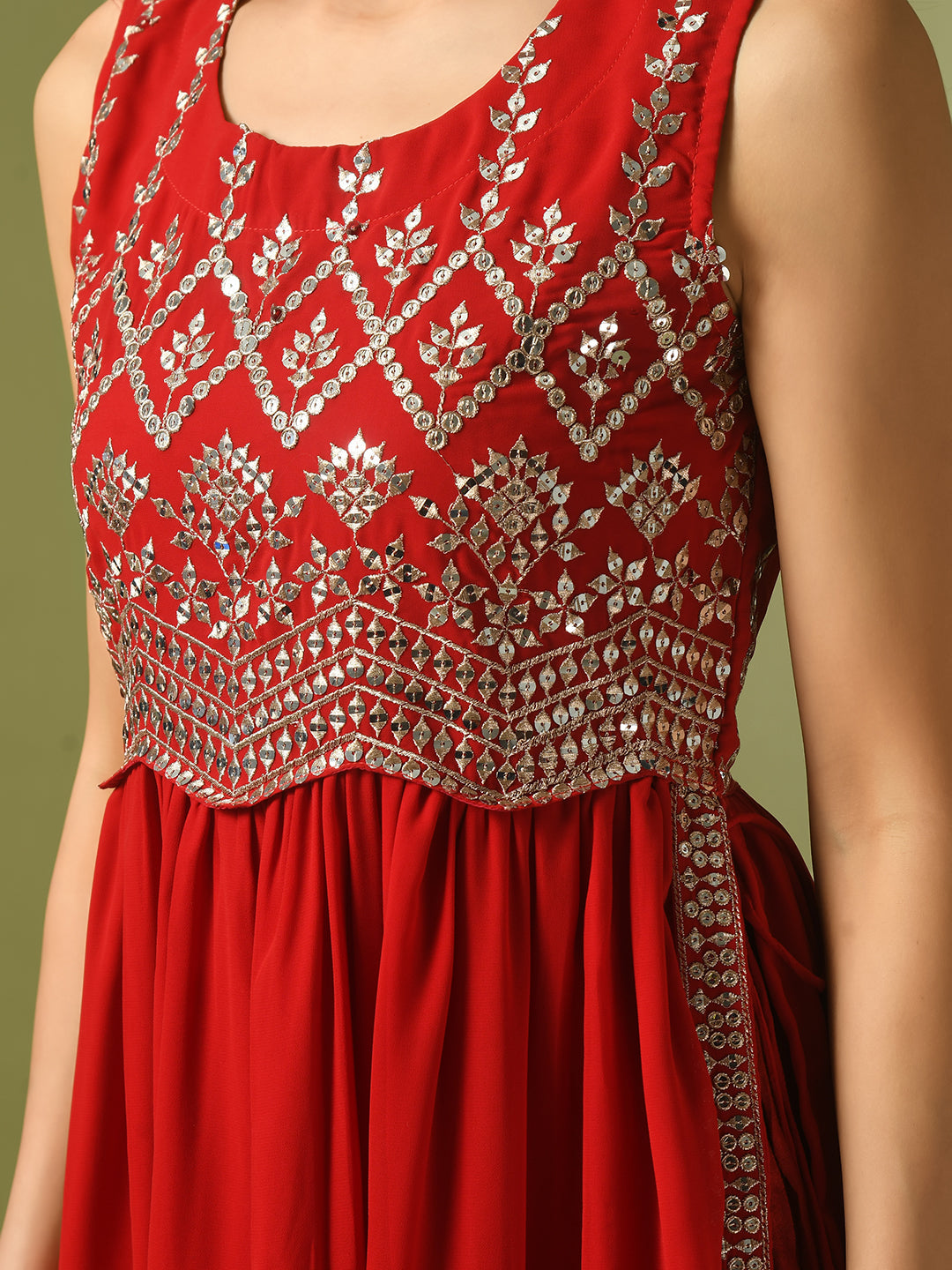 Women's  Red Embroidered Georgette Anarkali Party Kurta Sets With Dupatta