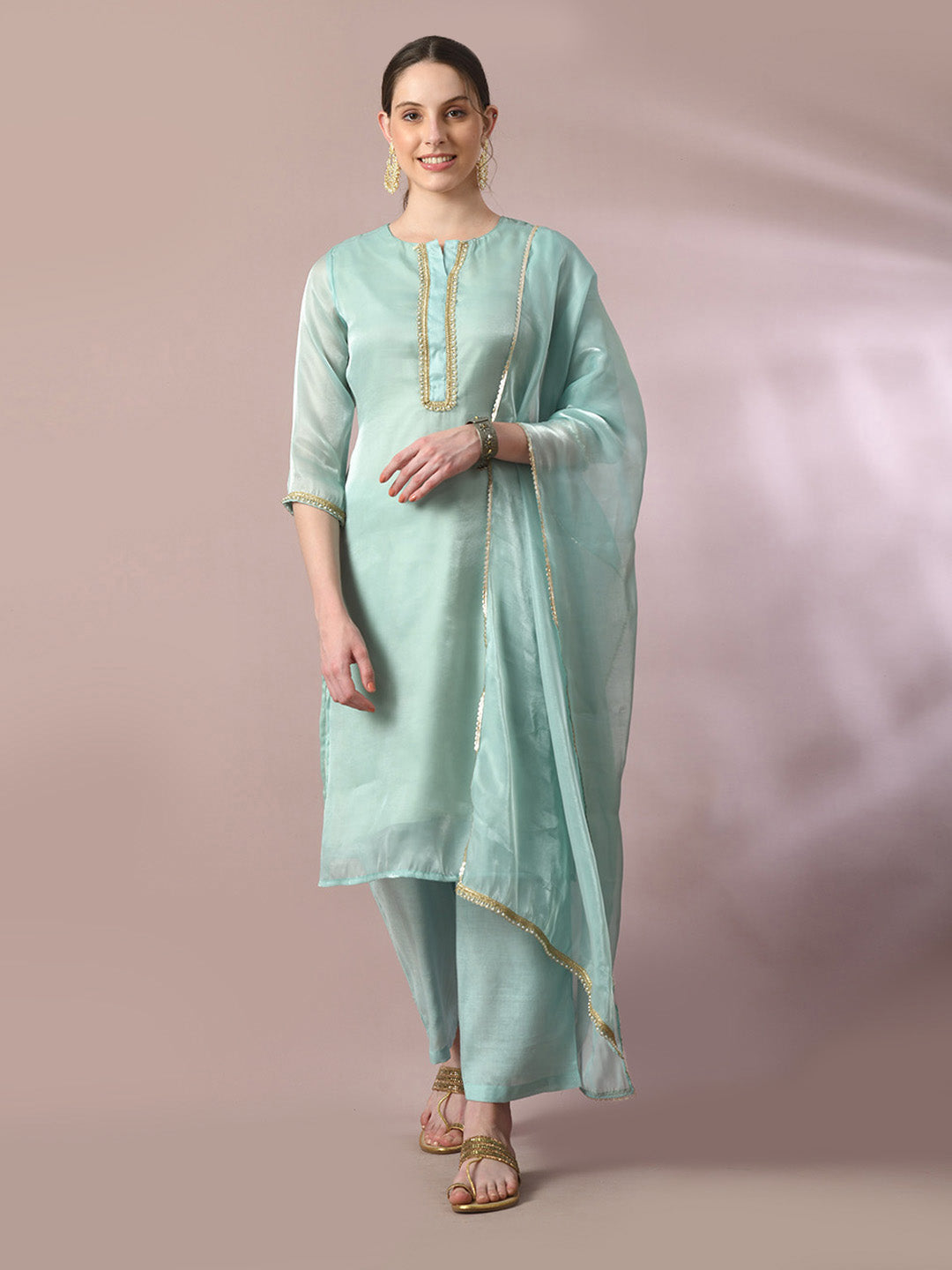 Women's  Sea Green Solid Straight Party Kurta Sets With Dupatta