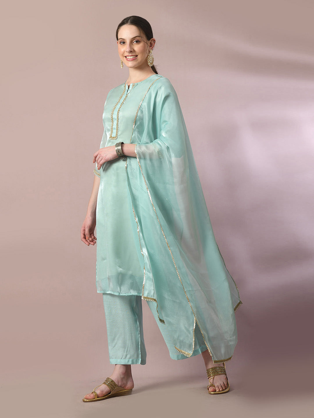 Women's  Sea Green Solid Straight Party Kurta Sets With Dupatta