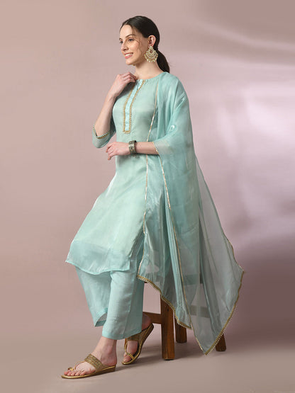 Women's  Sea Green Solid Straight Party Kurta Sets With Dupatta
