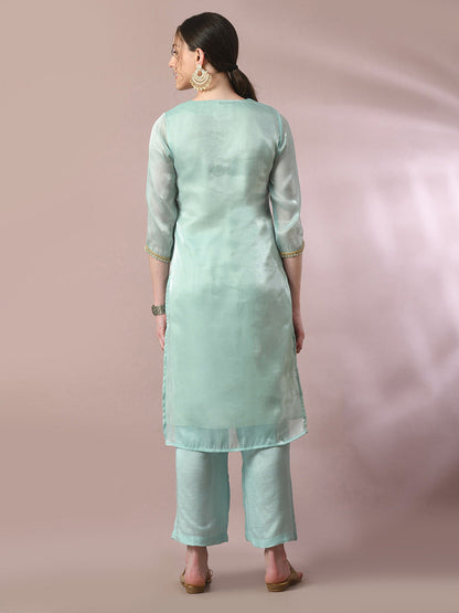 Women's  Sea Green Solid Straight Party Kurta Sets With Dupatta