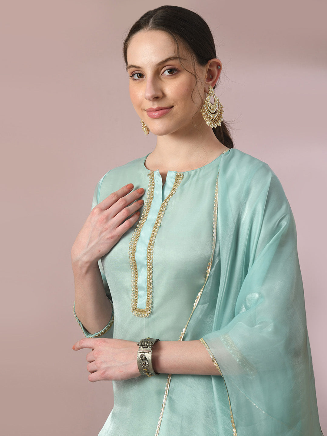Women's  Sea Green Solid Straight Party Kurta Sets With Dupatta