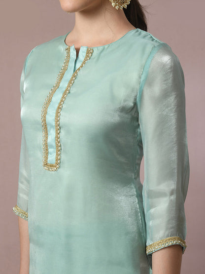 Women's  Sea Green Solid Straight Party Kurta Sets With Dupatta